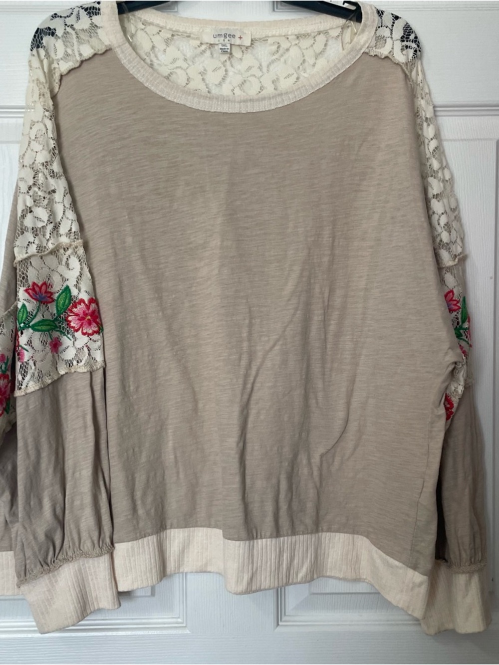 Umgee Beige Pullover with Cream Lace & Pink Floral Embroidery